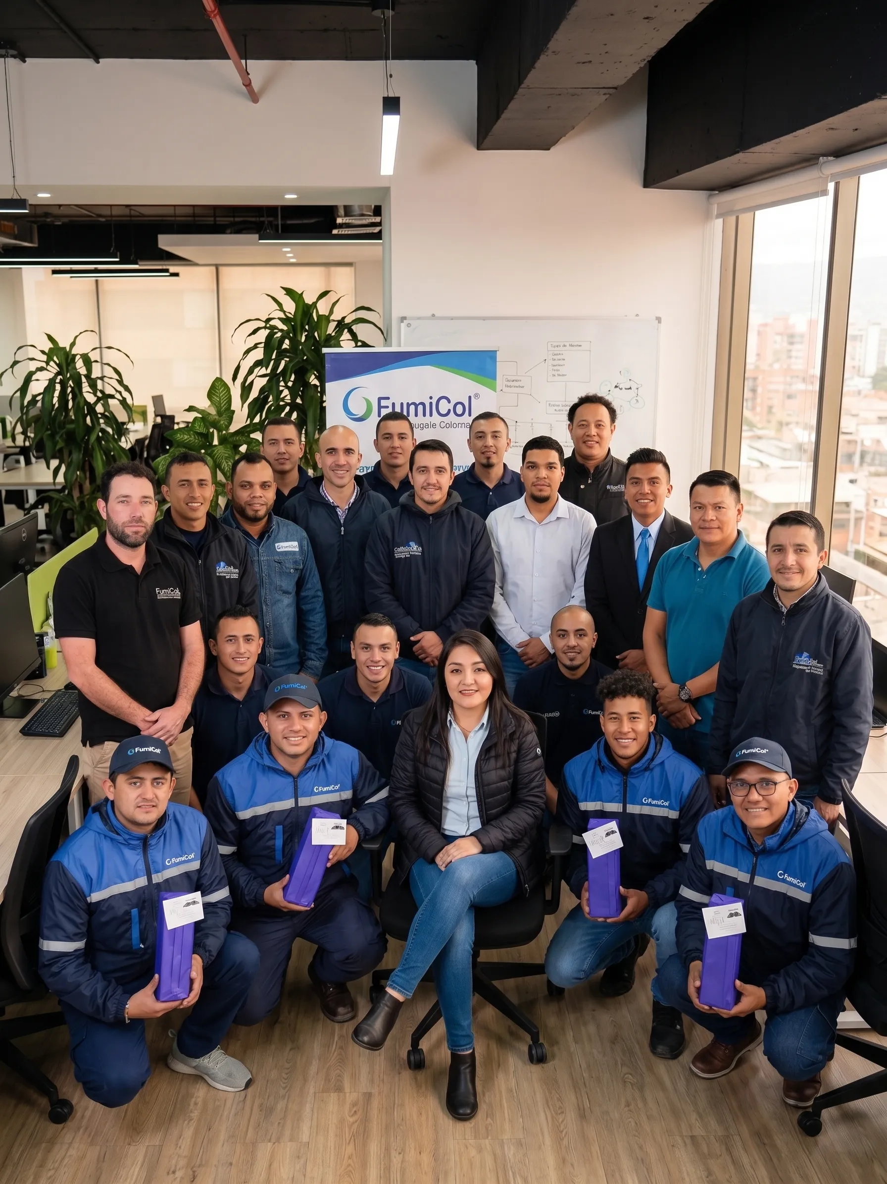 Equipo de técnicos y personal administrativo de Fumicol en sus oficinas