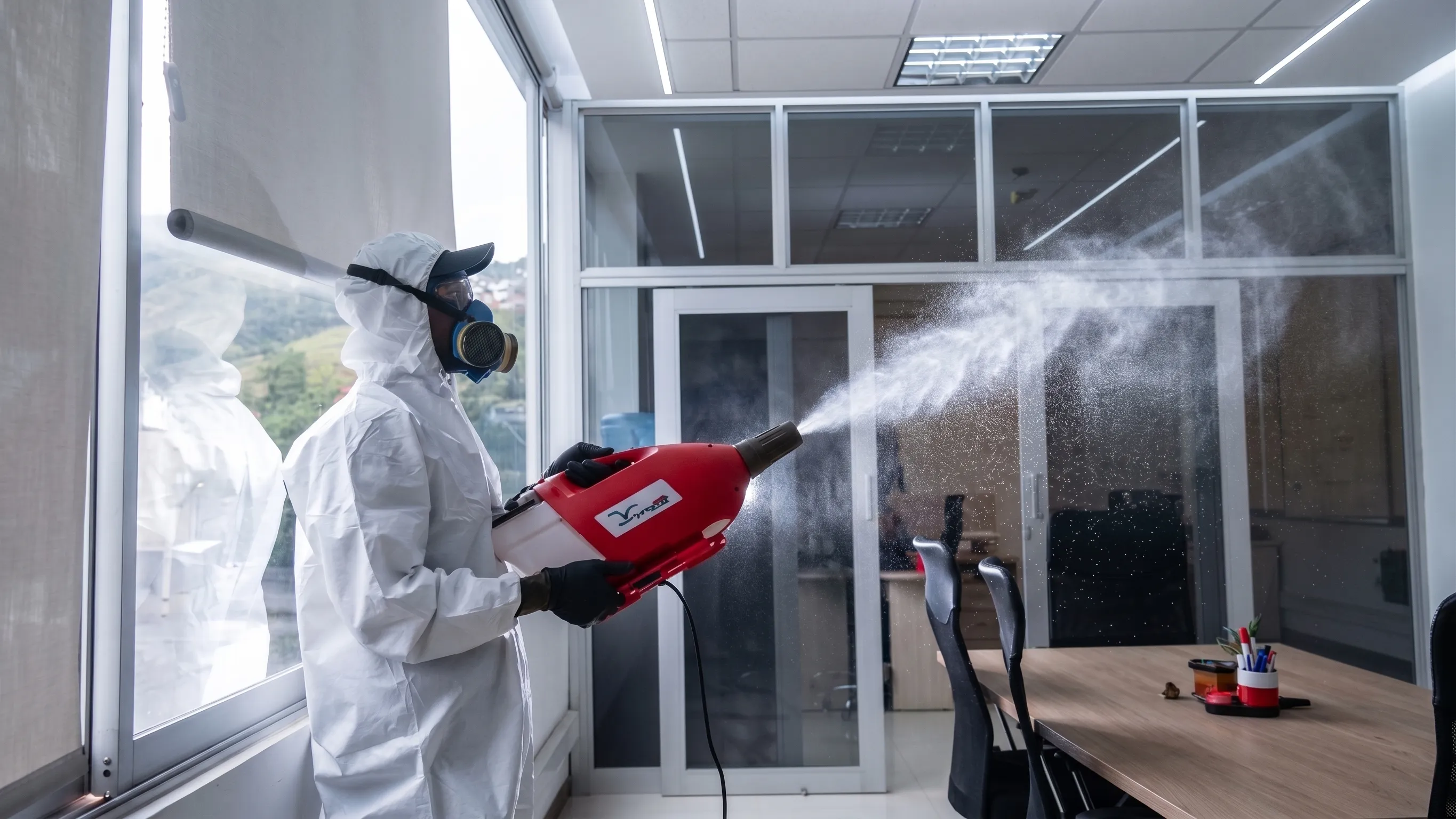 Técnico con traje de protección nebulizando una oficina